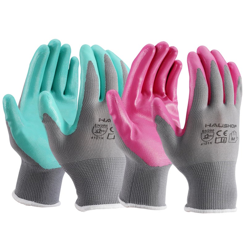 HAUSHOF Gardening Gloves for Women Ladies Thorn Proof 6-Pairs Work Gloves, Women's Breathable Garden Gloves Nitrile Coated with Texture for Yard Work, Pink & Green Large Size - Image 1